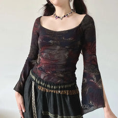 Black and burgundy floral paisley top in transparent finish with square neckline