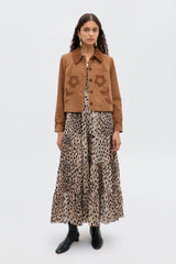 Brown short jacket with floral appliqués