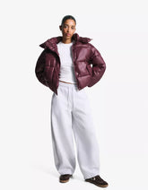 Burgundy short padded jacket with hood