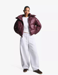 Burgundy short padded jacket with hood