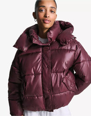Burgundy short padded jacket with hood