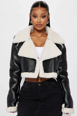 Black cropped aviator jacket with soft trim