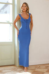 Long blue ruffled dress