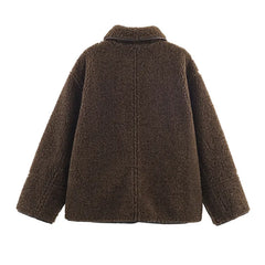 Brown teddy jacket with buttons and zipper pockets