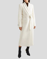 White long coat with belt and shawl collar