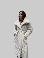 Long wrap puffer coat with belt and large shawl collar