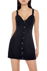 Black denim mini dress with buttons