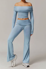 Off-the-shoulder set with flared pants