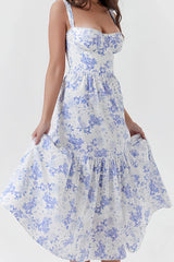 Blue and white floral print maxi corset dress