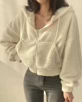 Teddy hoodie with zip, cropped fit