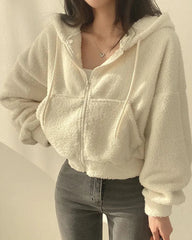 Teddy hoodie with zip, cropped fit