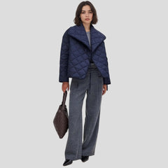 Navy quilted jacket with oversized shawl collar
