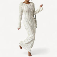 Long white dress with structured pattern