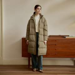 Long quilted coat with stand-up collar