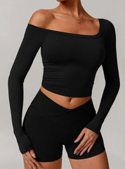 Off-the-shoulder long-sleeved sports top