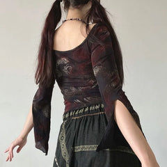 Black and burgundy floral paisley top in transparent finish with square neckline