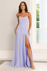 Light purple strapless maxi dress with slit