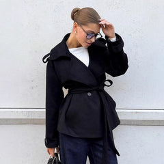 Trench-inspired short jacket with tie belt and wide lapels