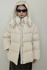 Puffer jacket with waist belt and high stand-up collar