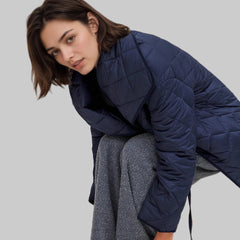 Navy quilted jacket with oversized shawl collar