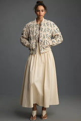 Beige floral quilted bomber jacket