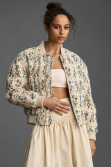 Beige floral quilted bomber jacket