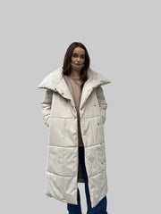 Long wrap puffer coat with belt and large shawl collar