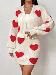 Hjärtmönstrad långärmad cardigan med stickad kjol
