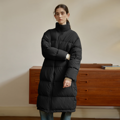 Long quilted coat with stand-up collar