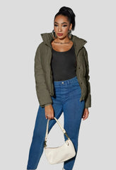 Short puffer jacket with stand-up collar