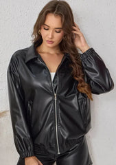 Black bomber jacket with zipper and elastic hem