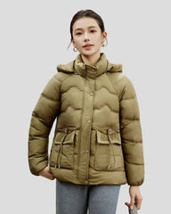 Puffer jacket with hood and drawstring pockets