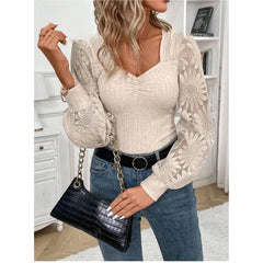 Beige ribbed sweetheart top with floral sheer sleeves