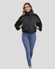 Puffer jacket with high collar and textured sleeves - drawstring at hem