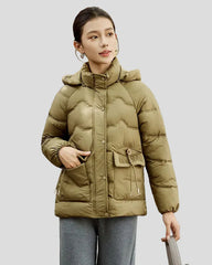Puffer jacket with hood and drawstring pockets