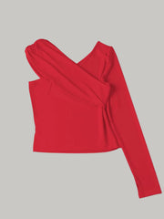 Red asymmetrical top with draped details and long sleeves