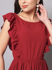 Long red dress with ruffled sleeves