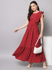 Long red dress with ruffled sleeves