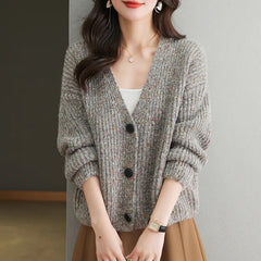 Ribbed cardigan with V-neck and large buttons