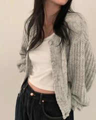 Gray knitted cardigan with dropped shoulders