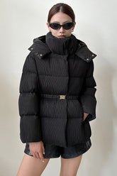 Puffer jacket with waist belt and high stand-up collar