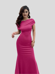 Long and elegant evening dress with draped waist