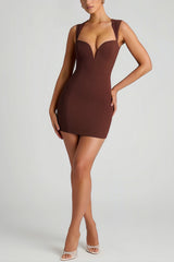 Brown plunge-neck bodycon mini dress