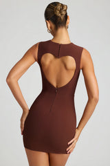 Brown plunge-neck bodycon mini dress