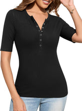 Ribbed top with button details and mid-length sleeves