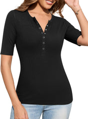 Ribbed top with button details and mid-length sleeves