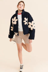 Floral zip jacket with stand-up collar