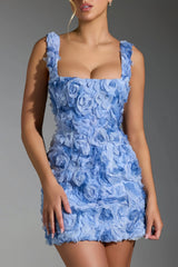 Mini dress with blue rose appliqué
