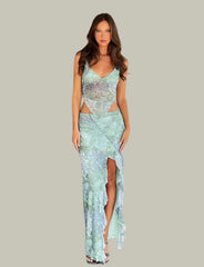 Grön blommig crop top med kjol