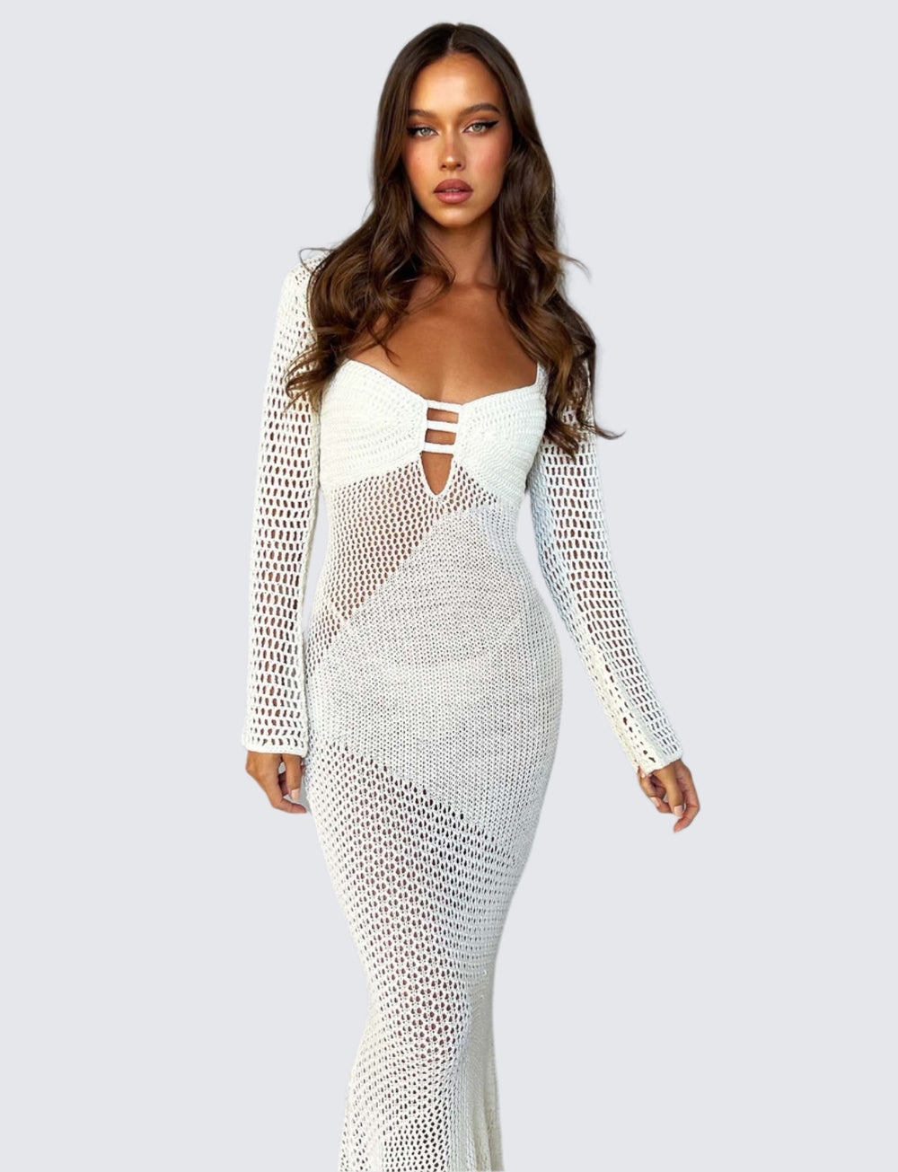 Lyxig vitstickad långklänning